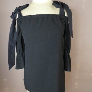 Ganni Women's 36 Clark Top in Black Tie Bell Sleeve Cold Shoulder Square Necklin